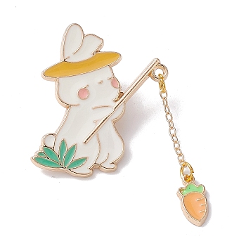 Rabbit with Carrot Dangle Enamel Pins, Light Gold Tone Alloy Brooch for Backpack Clothes, White, 47x32x1.7mm