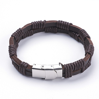 Leather Cord Bracelets, with 304 Stainless Steel Clasps, Stainless Steel Color, Coconut Brown, 9 inch(230mm)
