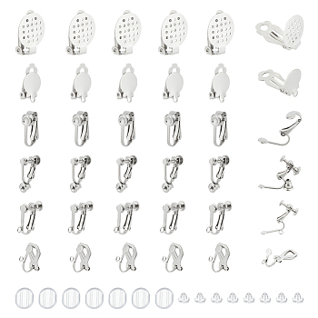 36Pcs 6 Styles 304 Stainless Steel Converter, for Non-Pierced Ears, with Loops and 36Pcs Silicone & PVC Clip on Earring Pads, Stainless Steel Color, 12.5~22x6~18x5~8mm, Hole: 1.2~3mm, 6Pcs/style