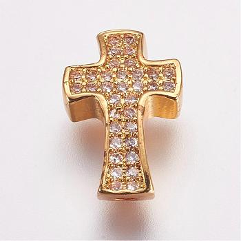 Brass Micro Pave Cubic Zirconia Beads, Cross, Golden, 14x9x4mm, Hole: 1.5mm