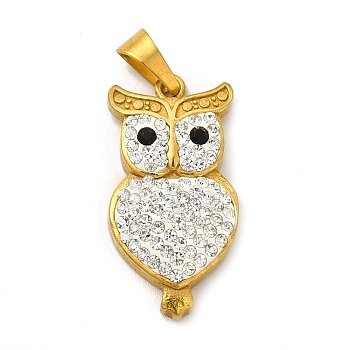 Ion Plating(IP) 304 Stainless Steel Pendants, with Crystal Rhinestone, Owl Charms, Golden, 35.5x18x5.5mm, Hole: 9x5mm