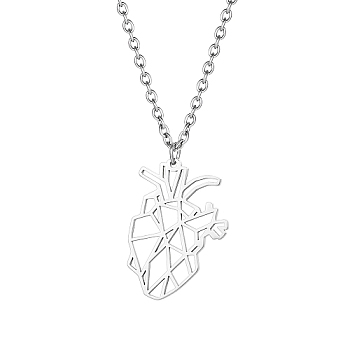 Stainless Steel Pendant Necklaces, Origami Heart, Stainless Steel Color, 17.72 inch(45cm)
