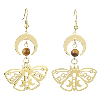 Moon & Butterfly Brass Dangle Earrings, Natural Tiger Eye Beaded Long Drop Earrings, Golden, 63x36mm