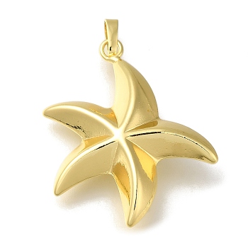 Rack Plating Brass Pendants, Long-Lasting Plated, Lead Free & Cadmium Free, Starfish, Real 18K Gold Plated, 40x32x10mm, Hole: 6x4mm