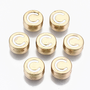 Alloy Enamel Beads, Cadmium Free & Lead Free, Flat Round with Initial Letters, Light Gold, White, Letter.C, 8x4mm, Hole: 1.5mm