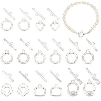 Elite 8 Styles Brass Toggle Clasps, Cadmium Free & Lead Free, Long-Lasting Plated, 925 Sterling Silver Plated, 10.5~13.5x8.5~11x1~3mm, Bar: 4~4.5x13.5~17x1~3mm, Hole: 1~1.2mm, 2sets/style