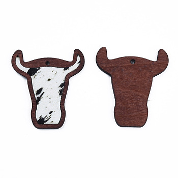 Eco-Friendly Cowhide Leather Big Pendants, with Dyed Wood, Cow's Head, Creamy White, 55x50x3mm, Hole: 2.5mm