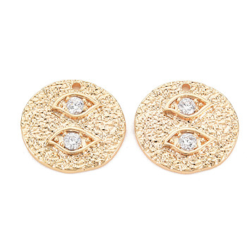Brass Micro Pave Clear Cubic Zirconia Pendants, Nickel Free, Textured, Flat Round with Eye, Real 18K Gold Plated, 17.5x18x2mm, Hole: 1.4mm
