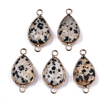 Natural Dalmatian Jasper Links Connectors, with Light Gold Tone Brass Findings Faceted, Teardrop, 27x14x6mm, Hole: 2mm