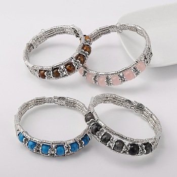 Tibetan Style Antique Silver Alloy Gemstone Bracelets, Natural & Synthetic Mixed Stone, 51mm