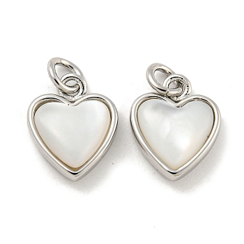 Natural Shell & Brass Heart Charms with Jump Rings, Platinum, 11x9x3.5mm, Hole: 2mm