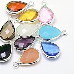 Silver Color Plated Brass Glass Teardrop Pendants, Mixed Color, 18x11x5mm, Hole: 2mm(GLAA-J017A-S)