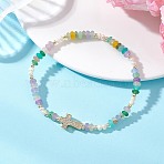 Brass Micro Pave Clear Cubic Zirconia Cross & Natural Pearl & White Jade Rondelle Beads Stretch Bracelets for Women, Colorful, Beads: 4.5x2.5mm, Inner Diameter: 2.05 inch(5.2cm)(BJEW-JB13114-01)