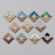 Resin & Walnut Wood Pendants, Rhombus, Mixed Color, 27.5x27.5x3mm, Hole: 2mm, Side Length: 19.5mm(RESI-S389-024A)