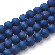 Electroplate Natural Druzy Geode Weathered Agate Beads Strands, Frosted, Dyed, Round, Blue Plated, 7.5~8mm, Hole: 1~1.5mm, about 44~46pcs/strand, 14.5~15 inch(G-S284-8mm-02)
