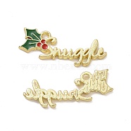 Christmas Theme Holly Rack Plating Alloy Enamel Pendants, Word Snuggle Charms, Light Gold, 12x27x1.5mm, Hole: 1.6mm(PALLOY-O109-28LG)