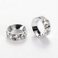 Flat Round Alloy Rhinestone Bead Spacers, Silver Color Plated, 9~10x4mm, Hole: 4~5mm(ALRI-E134-02S)