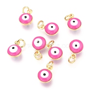 Brass Enamel Beads, Real 18K Gold Plated,Long-Lasting Plated, with Jump Ring, Flat Round with Evil Eye, Hot Pink, 9.5x6.5x4.5mm, Hole: 2.5mm(X-KK-B024-02G-B)