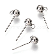 Original Color 304 Stainless Steel Ball Post Stud Earring Findings, with Loop, Stainless Steel Color, 17x7.8x5mm, Hole: 1.7mm, Pin: 0.7mm(X-STAS-C018-23P-01)