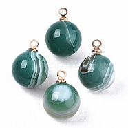 Natural Green Banded Agate Charms, with Golden Plated Brass Loops,, Round, 14x10.5mm, Hole: 1.5mm(X-G-N332-024G-16)