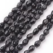 Glass Beads Strands, Faceted, teardrop, Black, 6x4mm, Hole: 1mm, about 65~68pcs/strand, 14.96~15.35 inch(GLAA-R024-6x4mm-13)