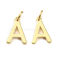 Brass Charms, with Jump Rings, Letter, Real 18K Gold Plated, Letter.A, 10x7x1mm, Hole: 2.5mm(KK-I672-01A-G)