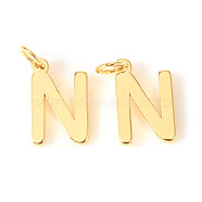 Brass Charms, with Jump Rings, Letter, Real 18K Gold Plated, Letter.N, N: 10x6.5x1mm, Hole: 2.5mm(X-KK-I672-01N-G)
