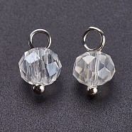 Electroplated Glass Charms, with Brass Findings, Rondelle, Faceted, Platinum, Clear, 9.5x5.5~6mm, Hole: 2mm(X-GLAA-P038-05P-01)
