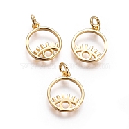 Brass Pendants, Cut-Out, with Jump Rings, Flat Round with Evil Eye, Golden, 15x12x1.5mm, Hole: 3mm(X-KK-I656-06G)