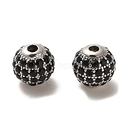 Rhodium Plated 925 Sterling Silver Micro Pave Cubic Zirconia Beads, Round, Real Platinum Plated, Black, 6x5.5mm, Hole: 1.4mm(STER-H110-24A-04P)