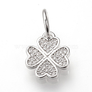 Brass Micro Pave Cubic Zirconia Charms, with Jump Rings, Four Leaf Clover, Platinum, 13.5x12x2mm, Hole: 6mm(ZIRC-T002-04P)