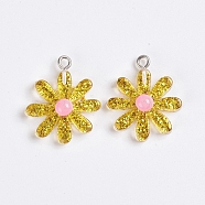 Resin Pendants, with Platinum Plated Iron Findings and Paillette, Daisy, Yellow, 26.5x22.5x8mm, Hole: 2mm(RESI-TAC0002-28F)