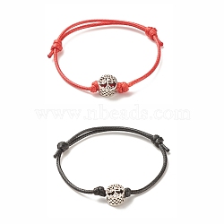 2Pcs 2 Colors Alloy Tree of Life Beaded Cord Bracelets Set, Adjustable Bracelets for Women, Black & Red, Inner Diameter: 1-5/8~3-1/4 inch(4.2~8.2cm), 1Pc/color(BJEW-JB08113-01)
