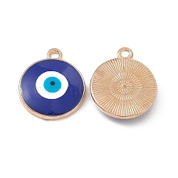 Alloy Pendants, with Enamel, Light Gold, Flat Round with Evil Eye Charm, Blue, 18x15.3x3.5mm, Hole: 1.6mm(FIND-C019-32KCG)