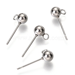 Non-Tarnish Original Color 304 Stainless Steel Ball Post Stud Earring Findings, with Loop, Stainless Steel Color, 17x7.8x5mm, Hole: 1.7mm, Pin: 0.7mm(X-STAS-C018-23P-01)
