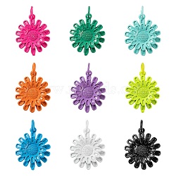 9Pcs 9 Colors Spray Painted Brass Pendants, with Jump Rings, Sunflower, Mixed Color, 17x14.5x3.5mm, Hole: 3mm, 1pc/color(KK-LS0001-53)
