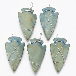 Electroplated Non-magnetic Synthetic Hematite Pendants, with Platinum Tone Brass Findings, Matte Style, Arrowhead, Green Plated, 46~53.5x22~25x7~9.5mm, Hole: 5~6x3.5~5mm(G-T094-01C)