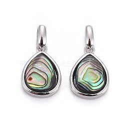 Natural Abalone Shell/Paua ShellCharms, with Brass Findings, Teardrop, Platinum, 14.5x10x4.5mm, Hole: 3x4mm(X-BSHE-F011-03B-P)