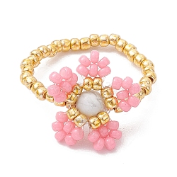 Round Seed Beads with Gemstone Beads Rings, Flower, Pink, Inner Diameter: 27mm(RJEW-MZ00015-02)