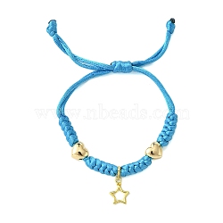 Heart & Star Brass Charm Bracelets, Adjustable Polyester Braided Cord Bracelets for Women, Deep Sky Blue, Golden, Inner Diameter: 1-1/8~3-1/4 inch(3~8.2cm)(BJEW-JB10583)