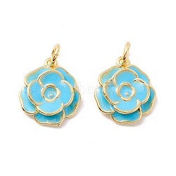 Rack Plating Brass Pendants, with Enamel and Jump Rings, Real 18K Gold Plated, Cadmium Free & Lead Free, Flower, Blue, 17x15x4mm, Jump Ring: 6x1mm, 4mm Inner Diameter(KK-I684-05G-02-RS)