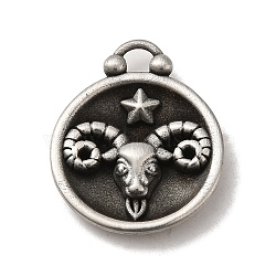 304 Stainless Steel Pendants, Flat Round with Constellations Charm, Antique Silver, Aries, 20.5x17x3mm, Hole: 2.5x2mm(STAS-L022-306AS-01)