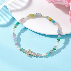 Brass Micro Pave Clear Cubic Zirconia Cross & Natural Pearl & White Jade Rondelle Beads Stretch Bracelets for Women, Colorful, Beads: 4.5x2.5mm, Inner Diameter: 2.05 inch(5.2cm)(BJEW-JB13114-01)