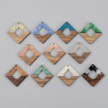 Resin & Walnut Wood Pendants, Rhombus, Mixed Color, 27.5x27.5x3mm, Hole: 2mm, Side Length: 19.5mm