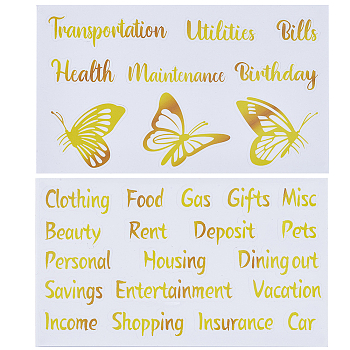PVC Self Adhesive Decorative Stickers, Waterproof Butterfly & Word Decals for DIY Scrapbooking, Art Craft, Gold, 190x120x0.3mm, Stickers: 22.5~59x18.5~54mm, 2 sheets/set