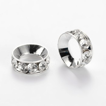 Flat Round Alloy Rhinestone Bead Spacers, Silver Color Plated, 9~10x4mm, Hole: 4~5mm