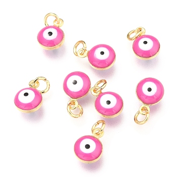 Brass Enamel Beads, Real 18K Gold Plated,Long-Lasting Plated, with Jump Ring, Flat Round with Evil Eye, Hot Pink, 9.5x6.5x4.5mm, Hole: 2.5mm