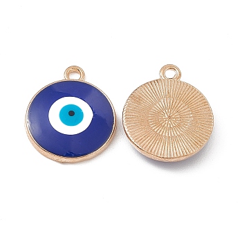 Alloy Pendants, with Enamel, Light Gold, Flat Round with Evil Eye Charm, Blue, 18x15.3x3.5mm, Hole: 1.6mm