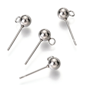 Original Color 304 Stainless Steel Ball Post Stud Earring Findings, with Loop, Stainless Steel Color, 17x7.8x5mm, Hole: 1.7mm, Pin: 0.7mm