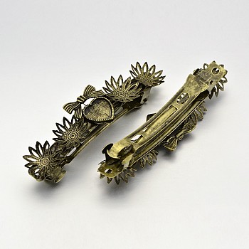Vintage Hair Accessories Iron Hair Barrette Findings, with Iron Flower Caps and Alloy Heart Cabochon Bezel Settings, Nickel Free, Antique Bronze, Tray: 15mm and 11x12mm, 83x21x18mm